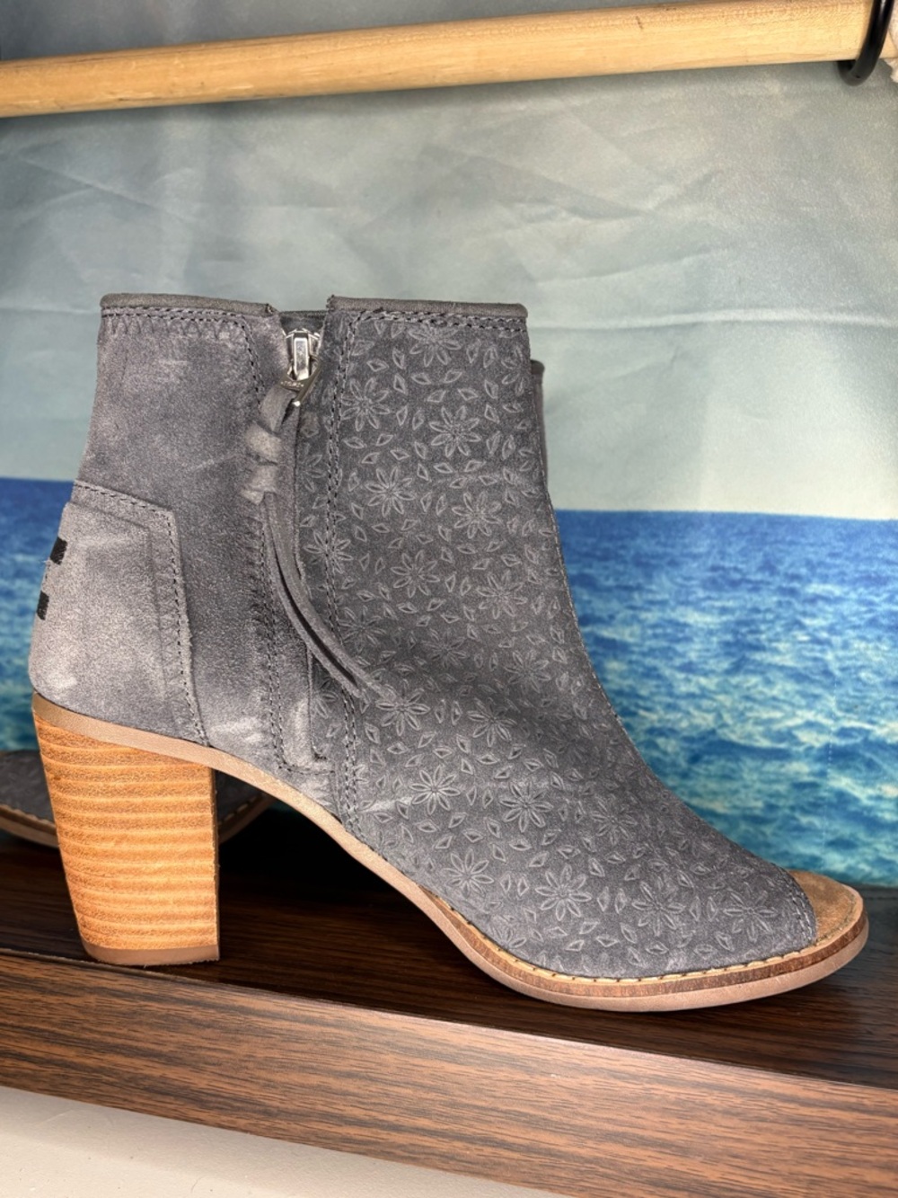 Toms “Majorca” Grey Suede Floral Embossed Ankle Peep Toe Boots with Stacked Heel